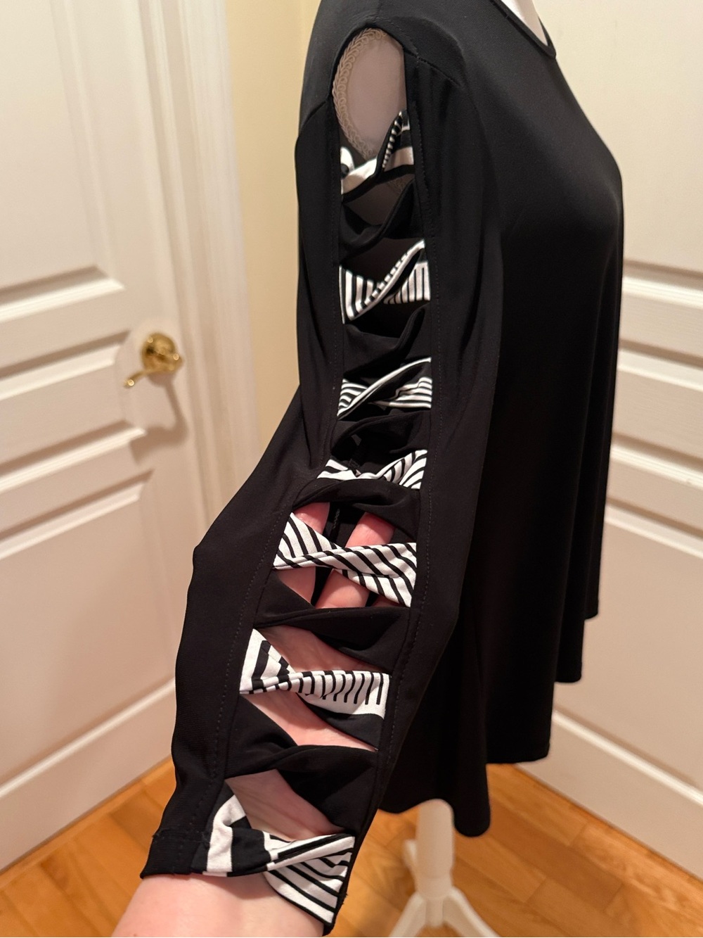 Black Tunic with Cutout Ribbon-Detail Sleeves